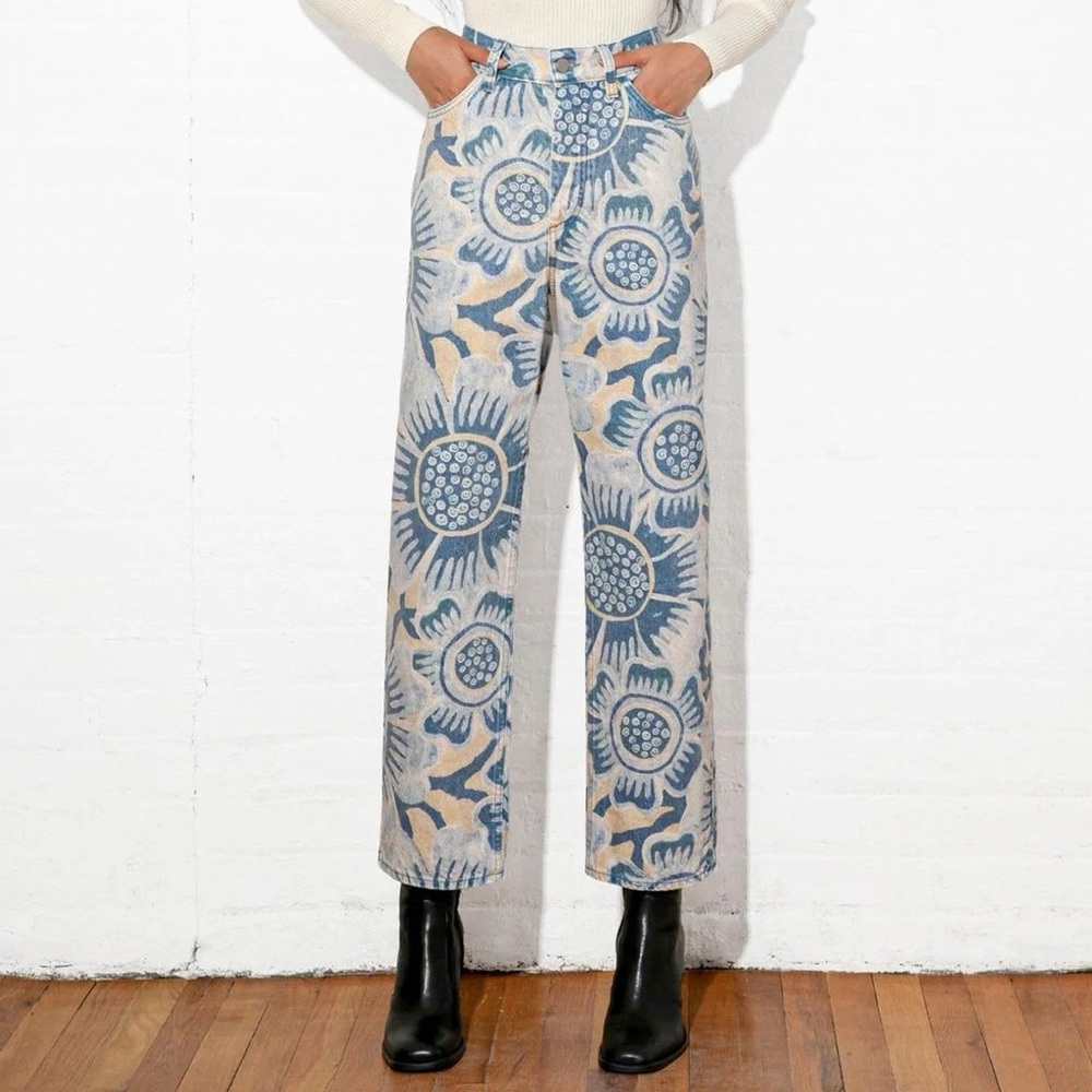Mara Hoffman Jeans Georgina Floral High Rise Straight Leg Retro Vintage Sz 0
